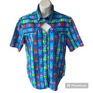 Vintage Rodeo Western Wear Cowgirl Button Up Short Sleeve Cotton Shirt Cutout M